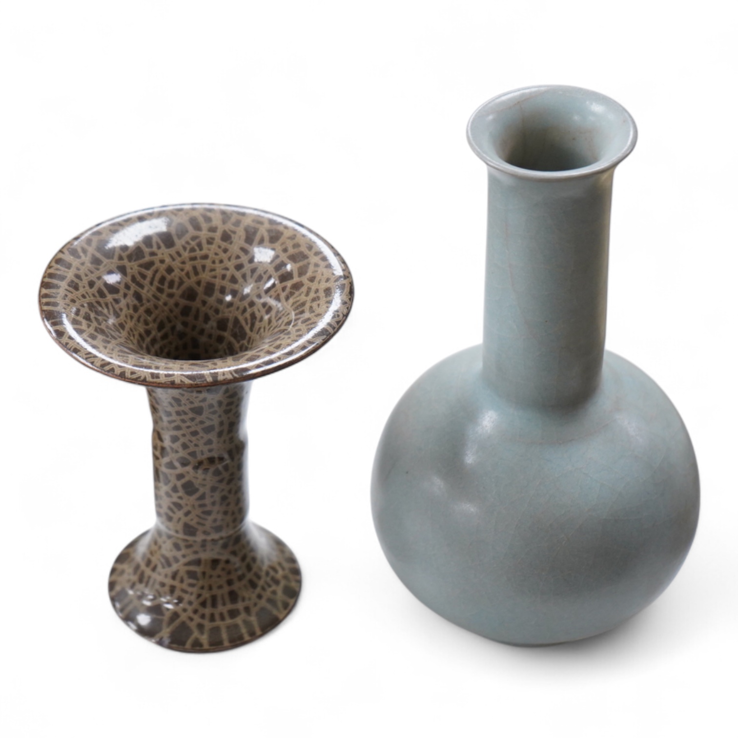 A Chinese crackle glaze bottle vase and a Gu vase, largest 19cm high